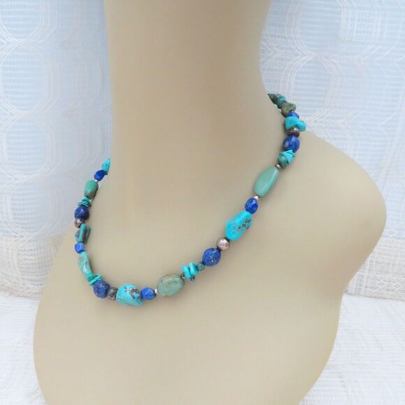 Blue and Turquoise Bead Necklace, Vintage Howlite and Dyed Agate Necklace Women - Picture 3 of 5